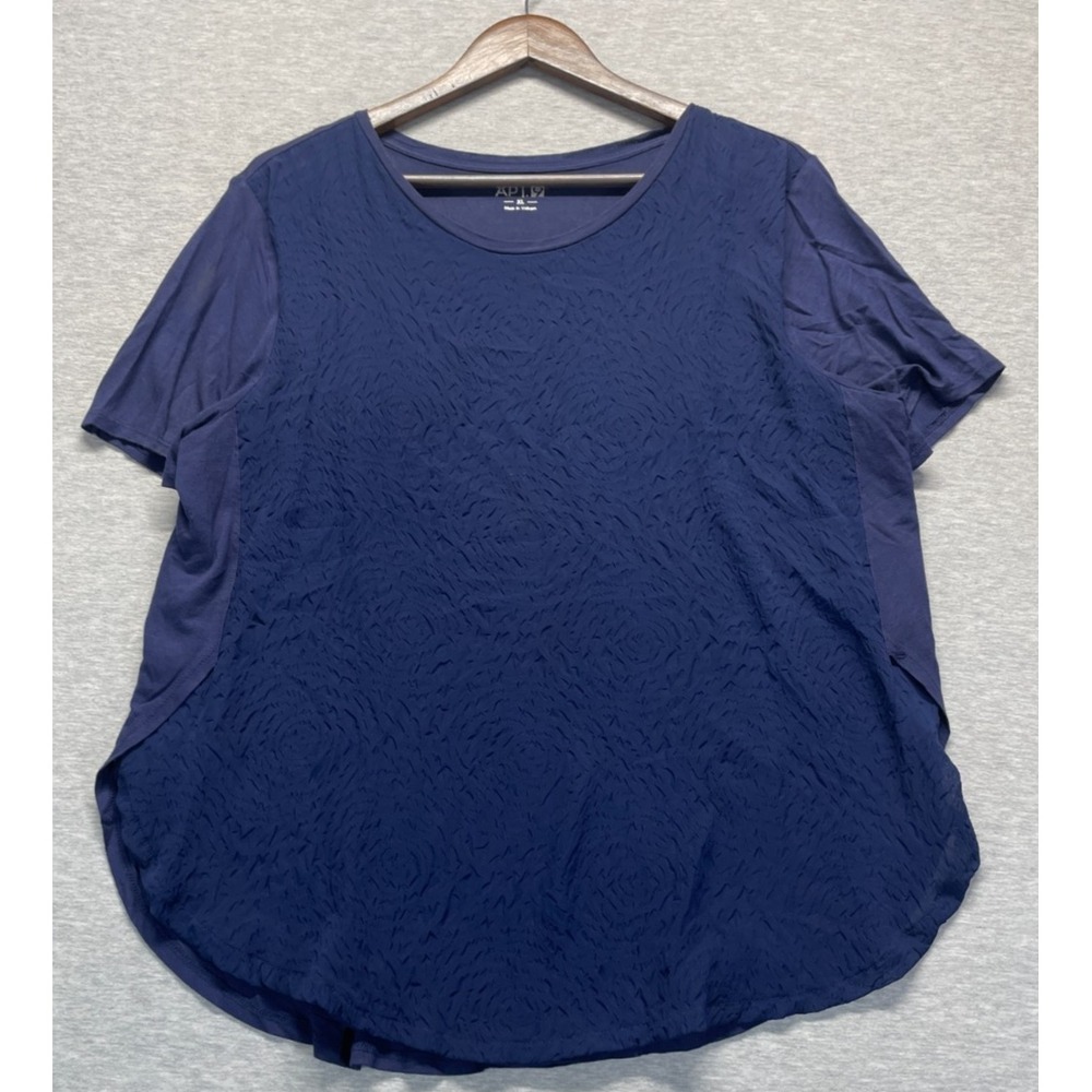 Apt. 9 Textured Blouse Top Womens XL Navy Blue Short Sleeve Round Neck Everyday